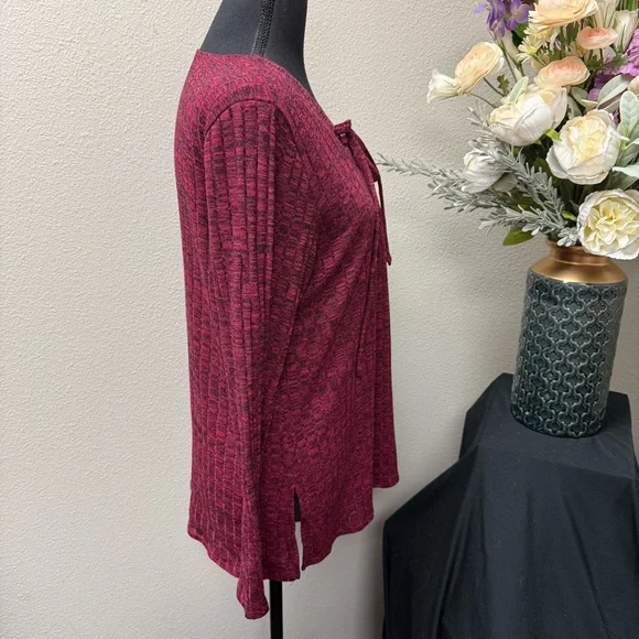 Chenault Burgundy Lace-Up Long Sleeve Textured Knit Top L Fall Winter - Picture 4 of 9